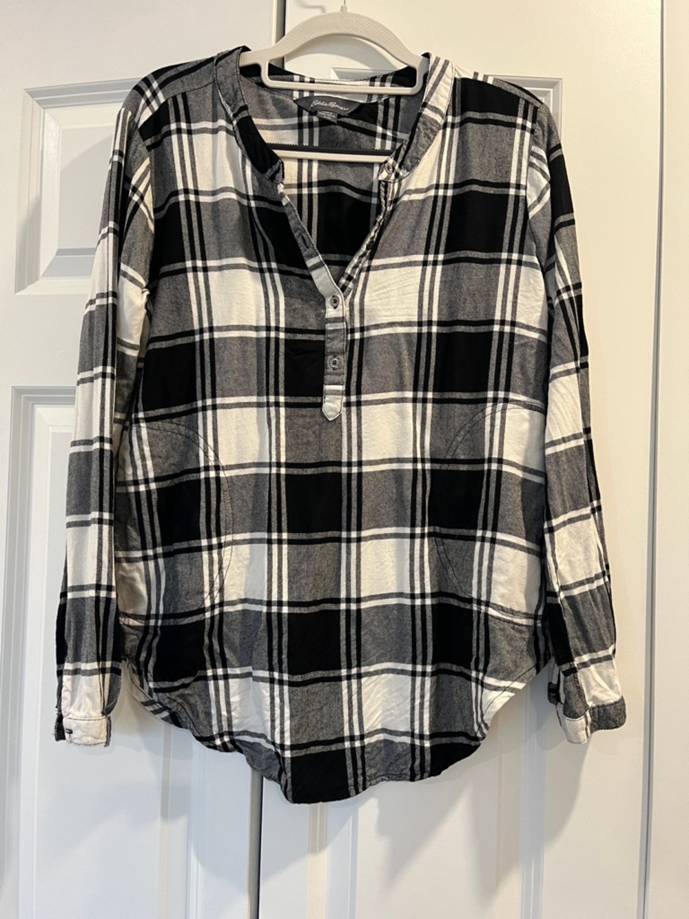 Eddie Bauer Black & White Plaid Button Henley Top